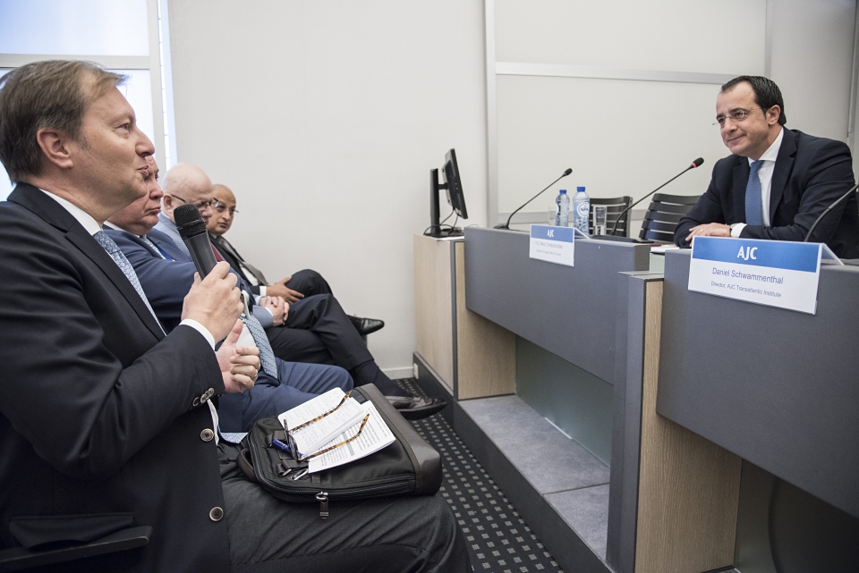 German PSC Ambassador Michael Flügger asking a question to H.E. Nikos Christodoulides German PSC Ambassador Michael Flügger asking a question to H.E. Nikos Christodoulides