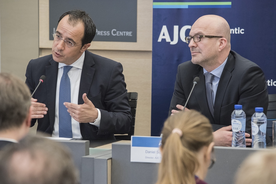 From left: H.E.Nikos Christodoulides, Foreign Minister of Cyprus, and TAI Director Daniel Schwammenthal  From left: H.E.Nikos Christodoulides, Foreign Minister of Cyprus, and TAI Director Daniel Schwammenthal